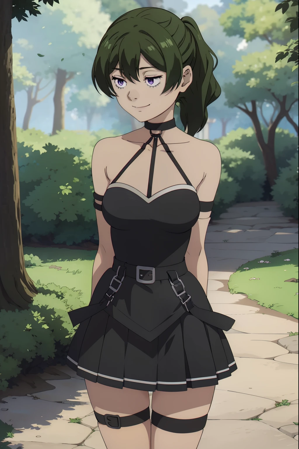 anime girl in a short dress with a bow and a choker, anime girl wearing a black dress, in dress, cute anime waifu in a nice dress, seductive anime girl, anime moe artstyle, a sexy maid in a magical forest, smooth anime cg art, attractive anime girl, made with anime painter studio, marin kitagawa fanart, noire, ubel, medium hair, hair between eyes, green hair, side ponytail, (purple eyes:1.1), skirt, gloves, dress, bare shoulders, pleated skirt, sleeveless, black gloves, elbow gloves, belt, miniskirt, black skirt, black footwear, (black dress:1.5), thigh strap, sleeveless dress, halterneck, armband, single glove, black belt, pleated dress, arm strap, smiling, thick drawing lines, thick outlines