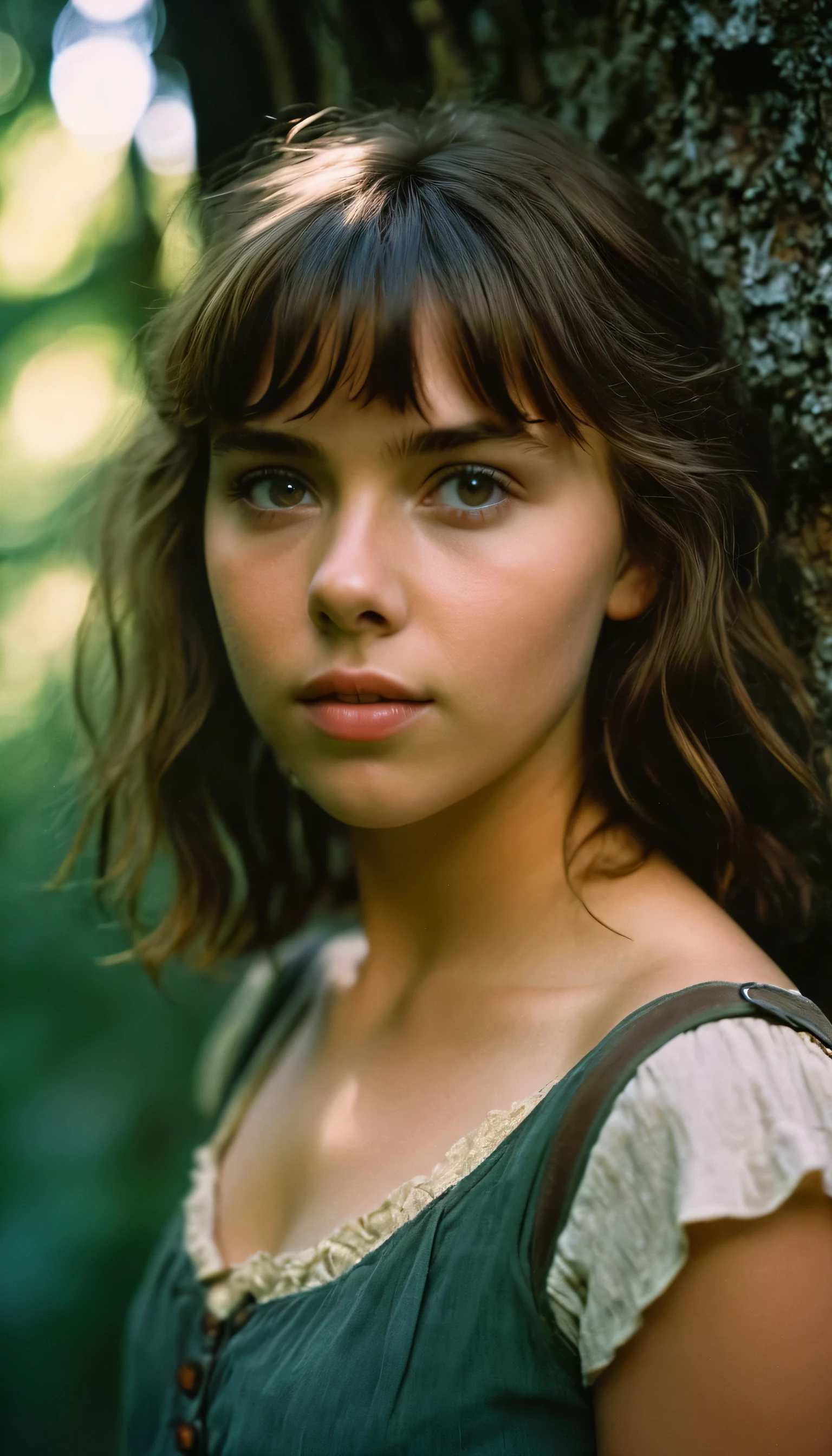 analog film photo, photo of young hobbit thief, female, 18 years-old, sun-tanned skin, diminutive stature, stocky build, shaggy bangs, pretty, natural beauty, resembles Scarlett Johansson, mystical forest, RAW Photograph, dslr, soft lighting, high quality, film grain, Fujifilm XT3, detailed skin with visible pores, insane details, masterpiece, 8k, 35mm photograph, dslr, kodachrome, faded film, desaturated, 35mm photo, grainy, vintage, Kodachrome, Lomography, stained, highly detailed, found footage, close-up shot