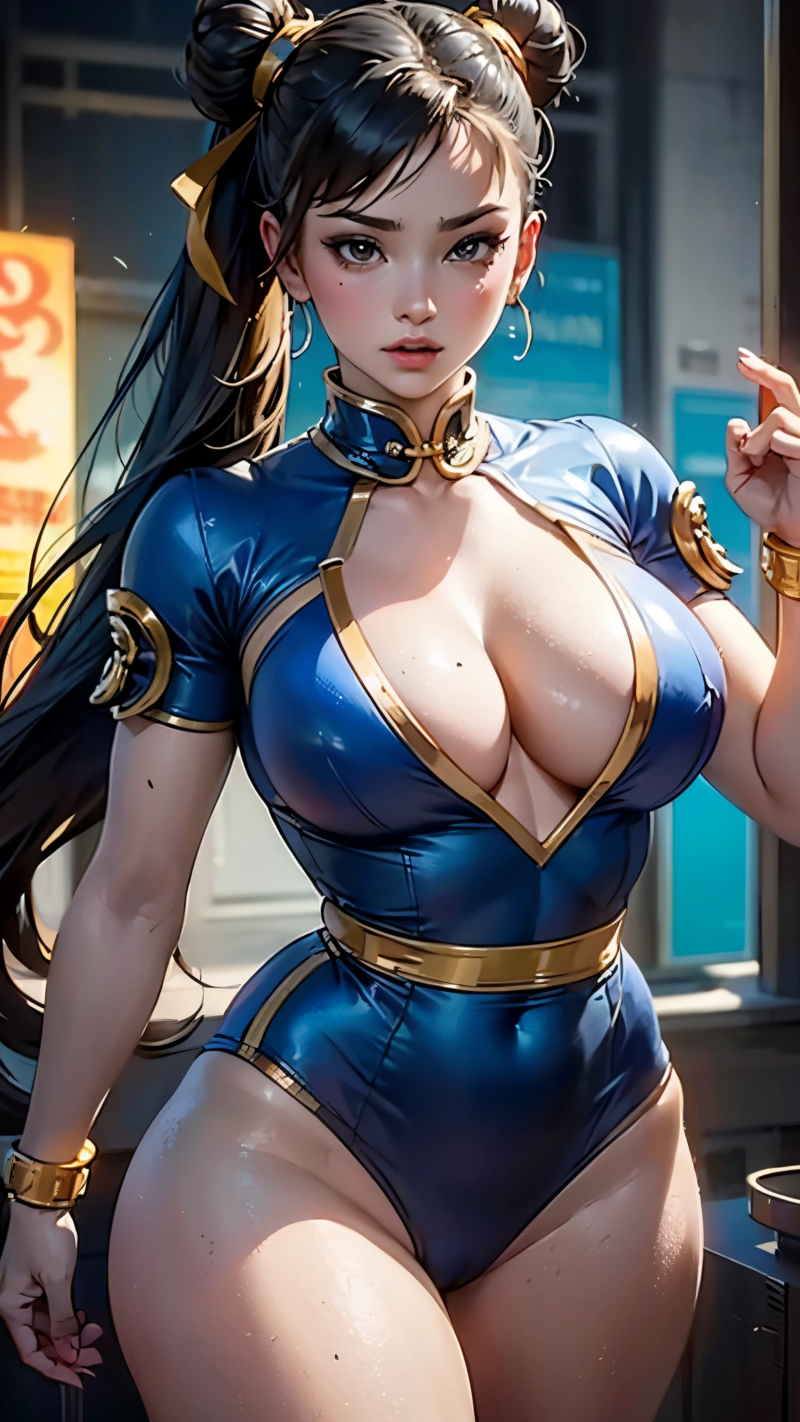 (Crie uma obra-prima hiper-realista da sexy Chun-Li, the iconic character from the sixth Street Fighter game). Capture your dynamic fighting stance and powerful kicks with exquisite detail, Flexible body. (roupa sexy, erotic costume, buceta marcada, buceta mostrando), ((seios grandes, grandes seios naturais, clivagem impressionante, open neckline to the abdomen, seios grandes popping out of the cleavage, close-up on her clivagem impressionante, mamilos largos cheios)), chun-li erotismo quente, tinta no rosto, Pele realista. The image should be in high definition (hard disk) and rendered in stunning 16K resolution, mostrando todos os recursos e texturas intrincados. (Pay close attention to the details of Chun-Li&#39;s costume, incluindo seu tradicional micro vestido qipao azul com detalhes dourados, penteado de chifre de boi exclusivo), very detailed roupa sexy with gold strokes, hair accessories, in character. ambiente escuro, Use dramatic lighting to increase the intensity of the scene, emphasizing your strength and determination. This photographic request aims to immortalize Chun-Li as a true work of art, mostrando sua beleza, seu corpo tonificado e quente, grace and dexterity in martial arts. Pornographic Images