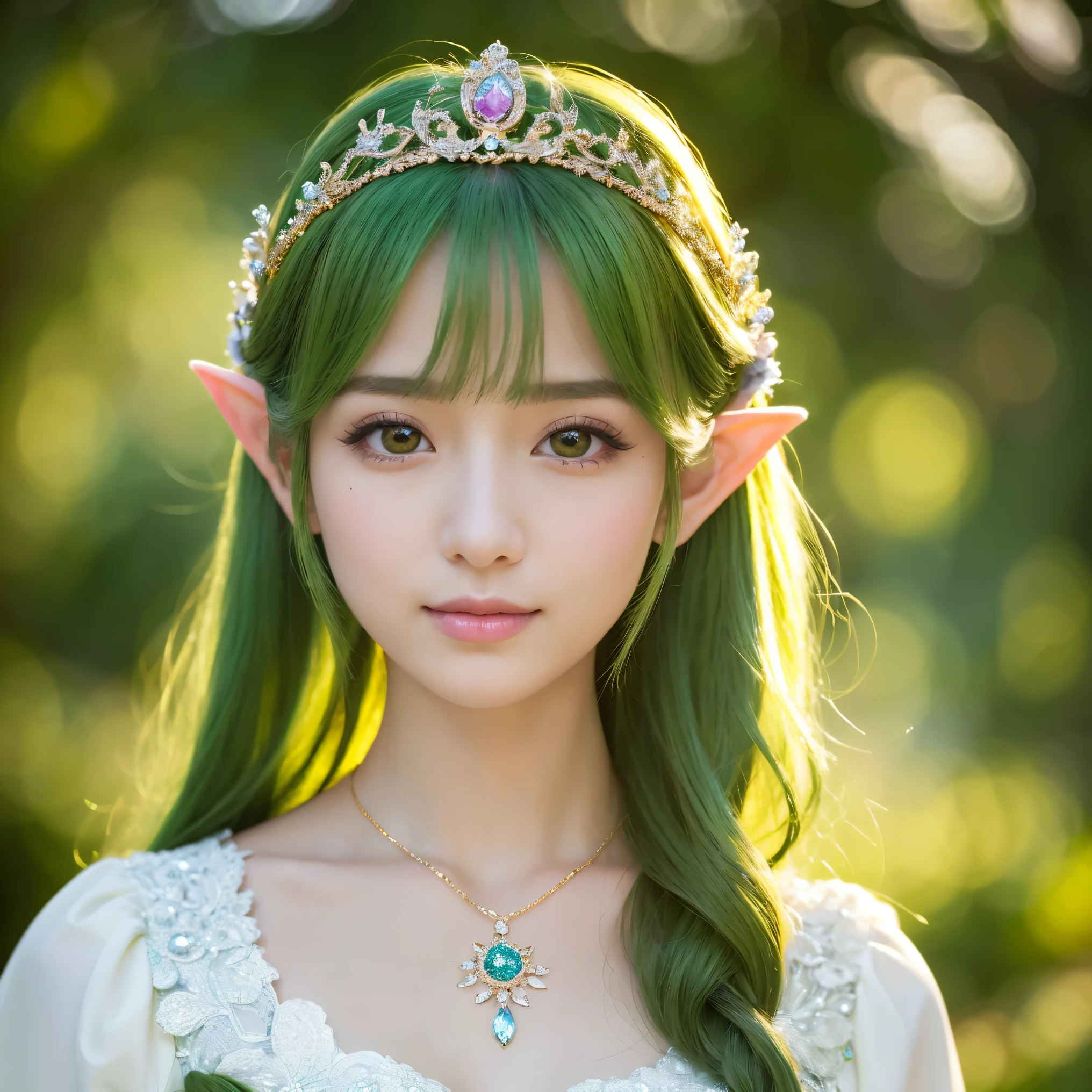 (masterpiece、highest quality、Highest image quality、8K、Award-winning work、Ultra high definition)、(one gorgeous elf princess:1.1)、(mature 35 year old elf princess:1.1)、(A number of intricately detailed dresses and ornaments々:1.1)、(She wears countless ornaments that are elaborately detailed.:1.1)、(A large amount of princess accessories with very elaborate details:1.1)、(perfect pointy elf ears:1.1)、(Beautiful leaf and flower decorations on the head:1.1)、Reveal pointy elf ears、(The Most Sacred Princess Dresses:1.1)、(The most noble and luxurious elf princess dress:1.1)、(The finest princess dresses with the most detailed and intricate decorations:1.2)、(expose one's shoulders:1.1)、(Beautiful oversized sleeves with transparent top quality:1.1)、(The most luxurious and highest quality giant tiara:1.1)、(The most luxurious and highest quality giant necklace:1.1)、(close up of face:1.3)、green hair、(The background is a gorgeous sacred forest:1.1)、Gorgeous and intricately decorated dress in yellow-green and white tones、(Fairy tale brilliance:1.1)、(Tyndall effect:1.2)、fairy tale atmosphere、fantasy、sacred and noble elf、Accurately recreate every detail of the perfect elf princess、The most complex and detailed forest、(yellow-green fog:1.1)、(Filled with Divine Light:1.1)、beautiful lush tree々、A forest illuminated by sacred green light、great movie lighting、(smile looking at me:1.3)、the most luxurious and intricate dresses、slender body、small cleavage、emphasize body line、accurate anatomy、perfect makeup、(鮮やかな黄緑に輝くUltra high definitionの瞳:1.1)、(very bright and vivid:1.1)、Green Eyeshadow、Ultra high definitionの美しい瞳、Ultra high definitionの艶のある肌、Beautiful skin that shines brightly、Ultra high definitionの艶のある美肌、Ultra high definitionの艶のある美しい髪の毛、Ultra high definitionの美しい歯、Stand upright facing the front