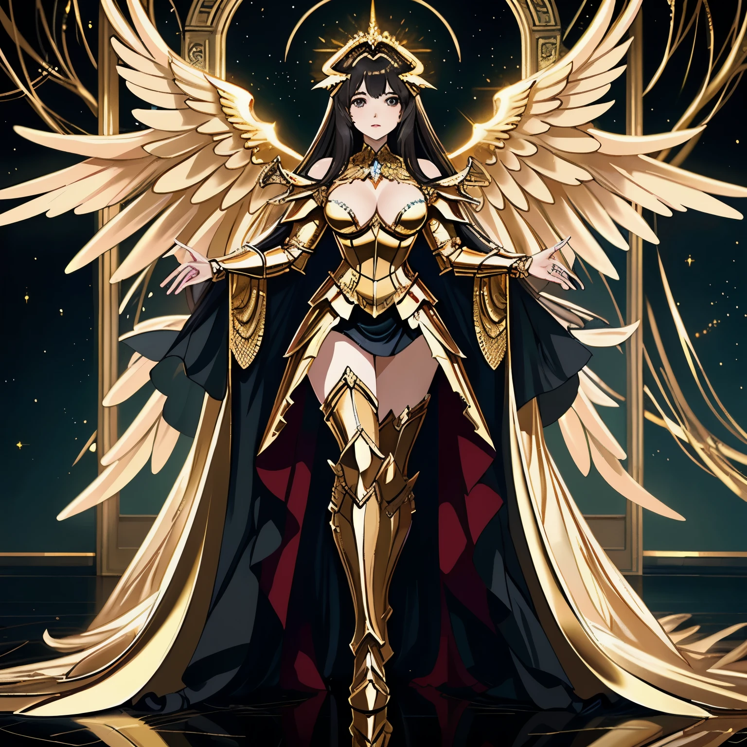 (masterpiece), (best quality), (high detail), nsfw, best quality, extremely beautiful, beautiful face, angel woman, 2 very big golden wing, full body, revealing armor with open front skirt, very long  dark hair