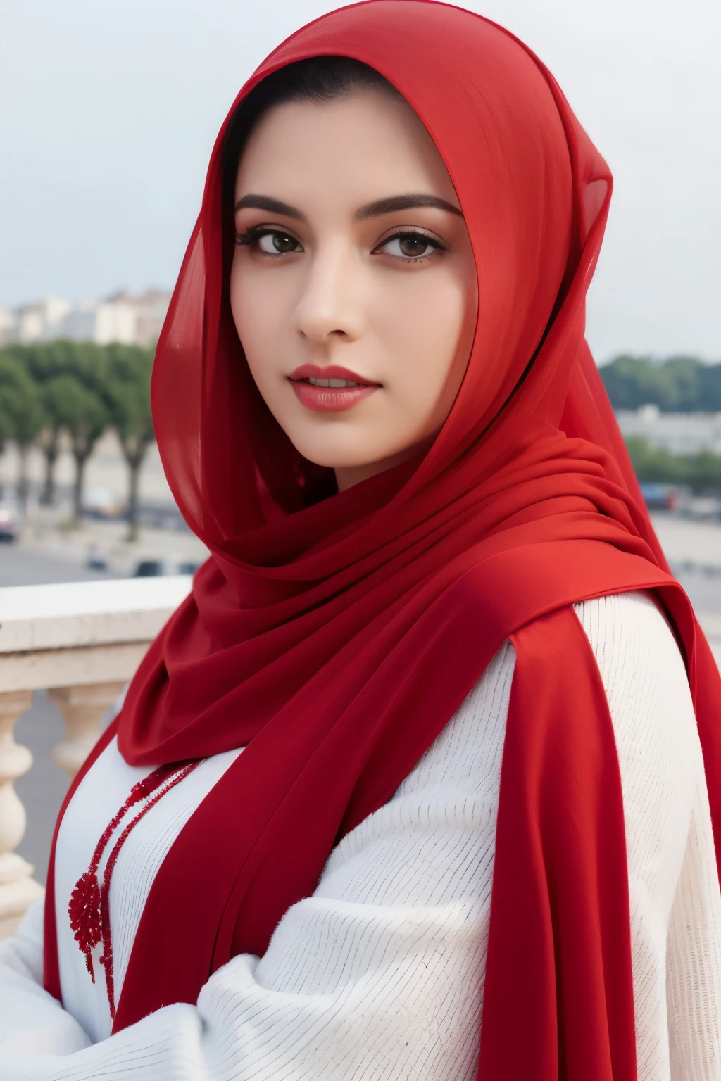 An ultra realistic, high resolution portrait of a beautiful Muslim woman wearing white and red hijab with stunning scenery in the background of Paris, France, posing for the camera. The color theme is white and red, It must have high details and sharp focus. 