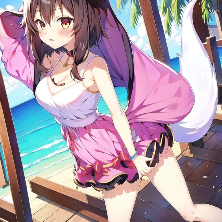 highres, ultra-detailed, vivid colors, pink and black prom dress, zerochan art, cute anime waifu, foxgirl, short black hair, standing up, full body