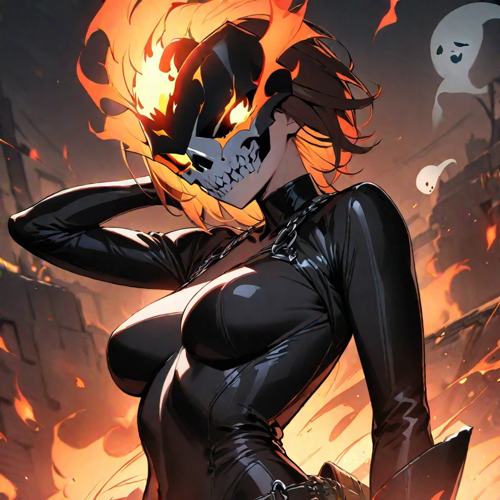 (masterpiece, best quality:1.2), 1girl, solo, ((female ghost rider)), flames, black bodysuit, ((partially visible skull)),