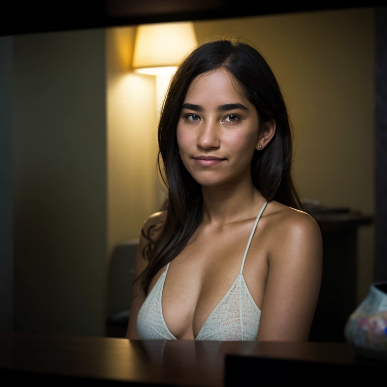 (close-up, editorial photograph of a 21 year old woman), (highly detailed face:1.4) (smile:0.7) (background inside dark, moody, private study:1.3) POV, by lee jeffries, nikon d850, film stock photograph ,4 kodak portra 400 ,camera f1.6 lens ,rich colors ,hyper realistic ,lifelike texture, dramatic lighting , cinestill 800,