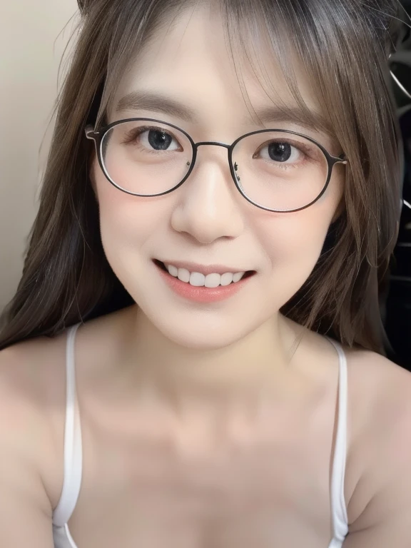 (realistic、masterpiece、Best Quality、8K、highres、high resolution:1.3)、1 glasses girl、smile, Huge breasts、white bikini、pale white skin、looking at viewers、super fine face and eyes、long hair、indoor、 upper body、