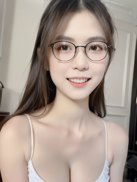 (realistic、masterpiece、Best Quality、8K、highres、high resolution:1.3)、1 glasses girl、smile, Huge breasts、white bikini、pale white skin、looking at viewers、super fine face and eyes、long hair、indoor、 upper body、