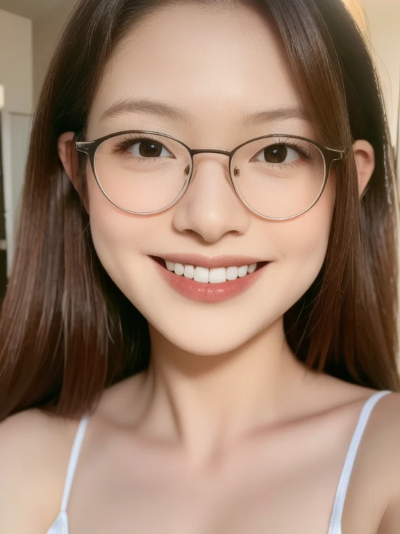 (realistic、masterpiece、Best Quality、8K、highres、high resolution:1.3)、1 glasses girl、Huge breasts、smile, white bikini、pale white skin、looking at viewers、super fine face and eyes、long hair、indoor、 upper body、