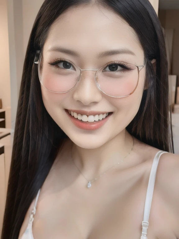 (realistic、masterpiece、Best Quality、8K、highres、high resolution:1.3)、1 glasses girl、Huge breasts、smile, white bikini、smile, pale white skin、looking at viewers、super fine face and eyes、long hair、indoor、 upper body、