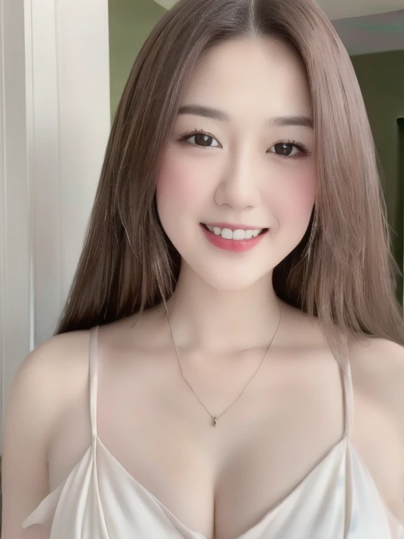 (realistic、masterpiece、Best Quality、8K、highres、high resolution:1.3)、1 girl、Huge breasts、smile, white bikini、pale white skin、looking at viewers、super fine face and eyes、long hair、indoor、 upper body、