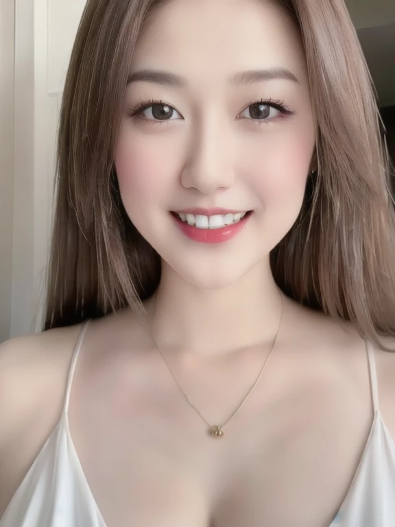(realistic、masterpiece、Best Quality、8K、highres、high resolution:1.3)、1 girl、Huge breasts、smile, white bikini、pale white skin、looking at viewers、super fine face and eyes、long hair、indoor、 upper body、