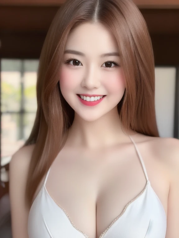 (realistic、masterpiece、Best Quality、8K、highres、high resolution:1.3)、1 girl、Huge breasts、smile, white bikini、pale white skin、looking at viewers、super fine face and eyes、long hair、indoor、 upper body、