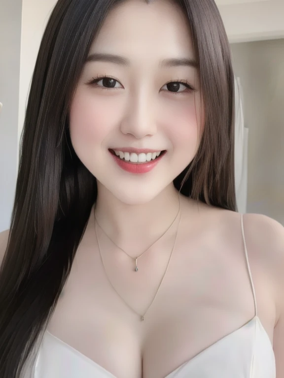 (realistic、masterpiece、Best Quality、8K、highres、high resolution:1.3)、1 girl、Huge breasts、smile, white bikini、pale white skin、looking at viewers、super fine face and eyes、long hair、indoor、 upper body、
