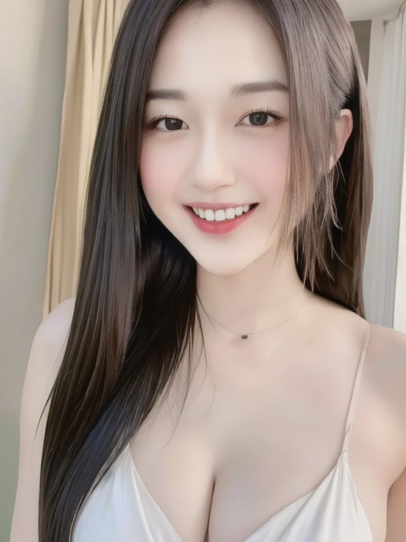 (realistic、masterpiece、Best Quality、8K、highres、high resolution:1.3)、1 girl、Huge breasts、smile, white bikini、pale white skin、looking at viewers、super fine face and eyes、long hair、indoor、 upper body、