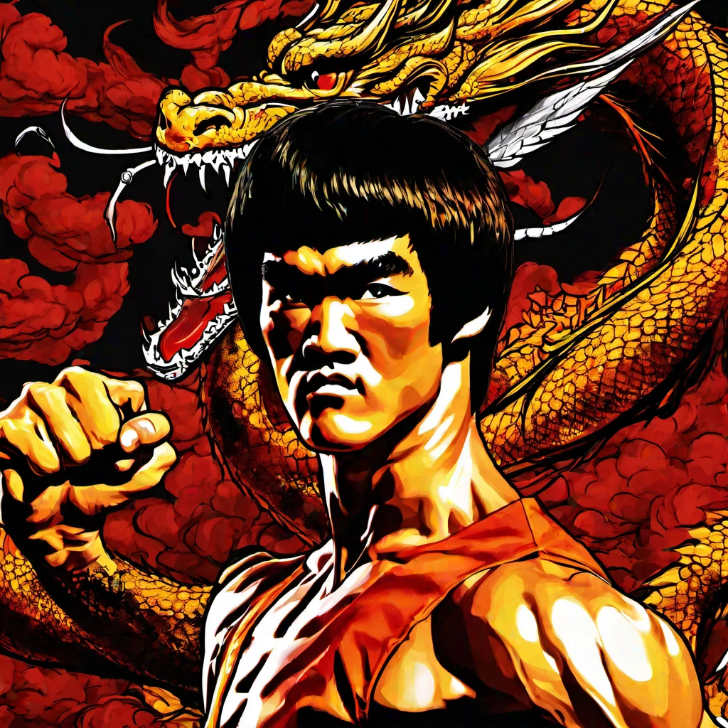 Bruce Lee, hero portrait, martial arts, dragon background, anime style, fierce expression, fighting posture, fighting posture, Nunchaku grip, HD, best, Masterpiece, 8k