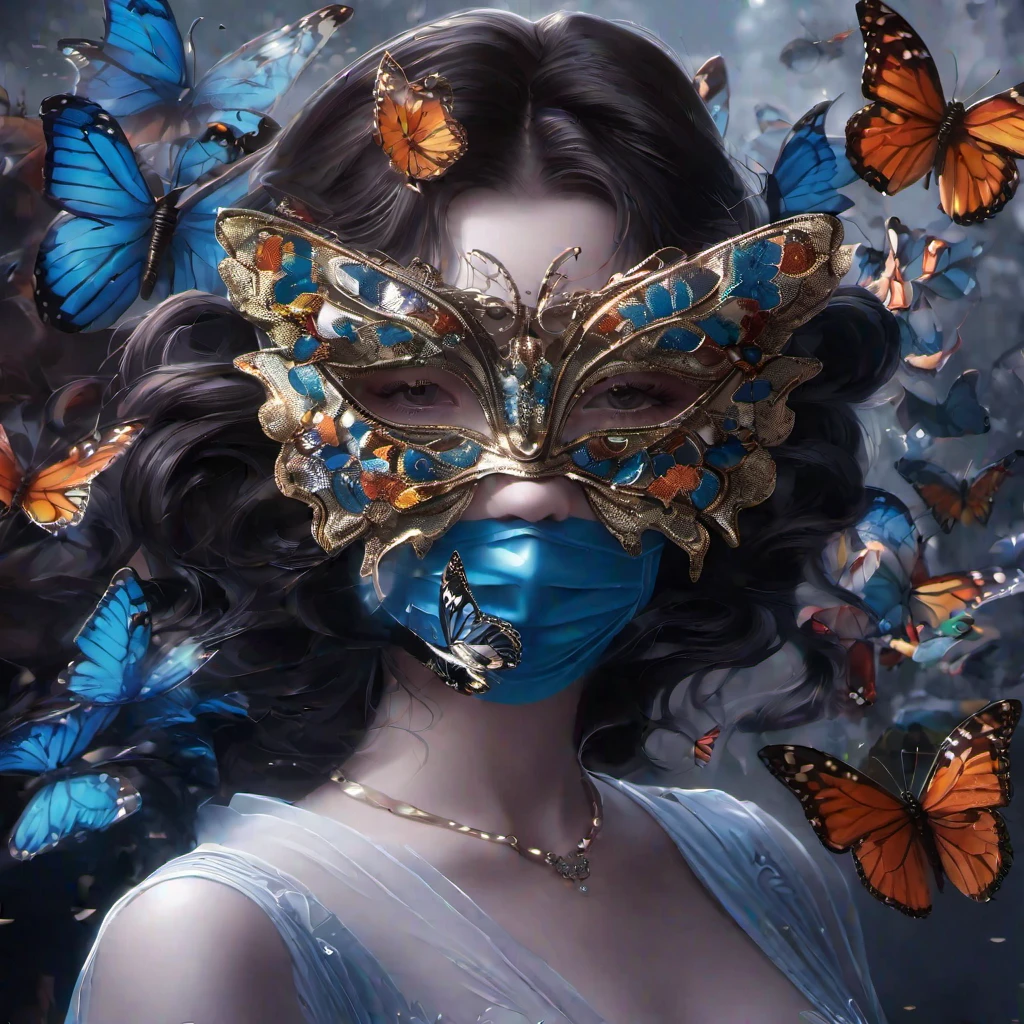 (masterpiece, best quality:1.2), 1girl, solo，looking at viewer，a girl with a mask and butterflies
