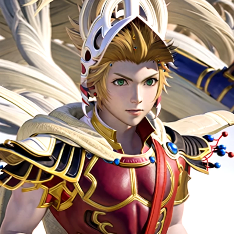 (masterpiece, best quality:1.2,pure white background,2d,2d anime), 1boy, solo,onion knight \(final fantasy\), armor,blonde hair,green eyes,gloves,jewelry,Helmet,feather hair ornament,looking at viewer,short hair,smile