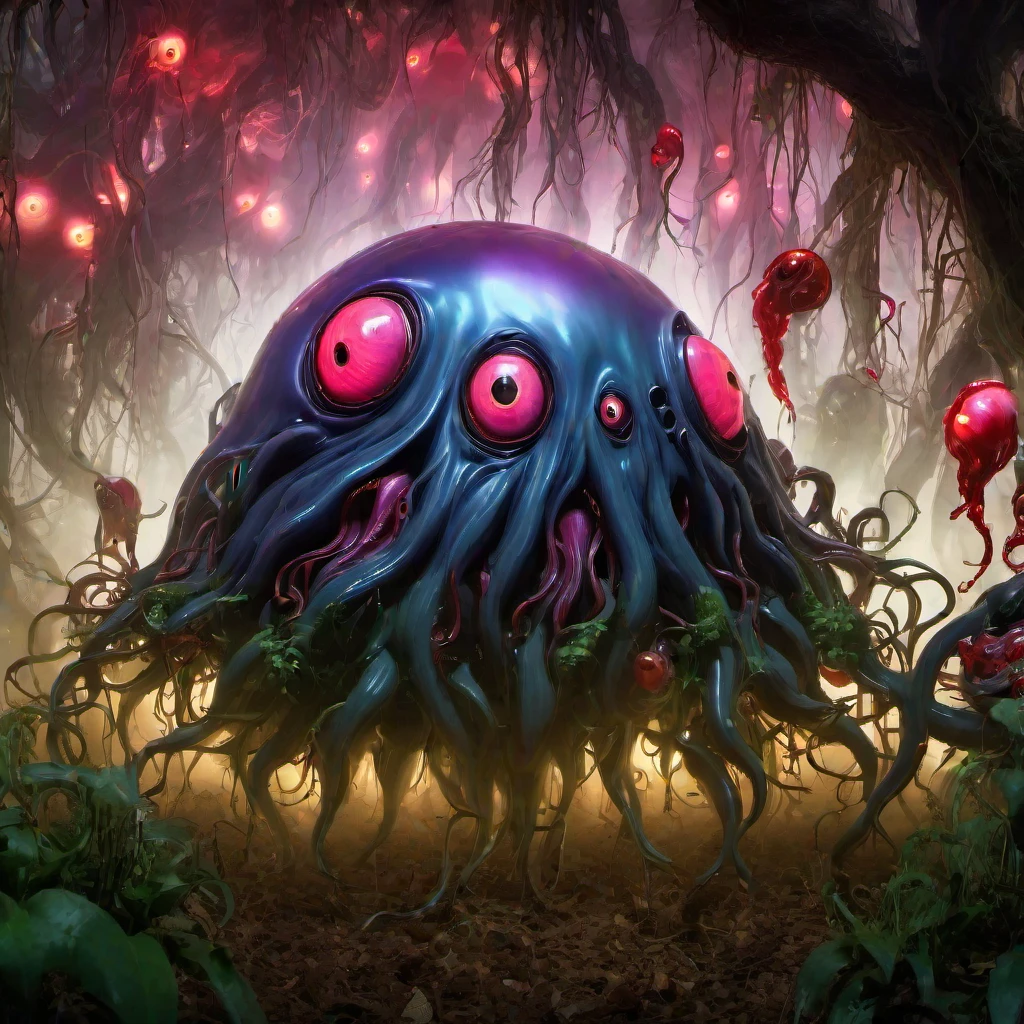 (masterpiece, best quality:1.2), Hell garden, horror world, nightmare plants, Magical plant from the abyss, the ghost flower, ghost flower, wine, forest，garden，terror, dynamic light, huge belly, flying belly, fat belly, gross fat belly in air, horror, tentacles, flesh blob, nightmare creature, eyes, array of eyes, lot of eyes