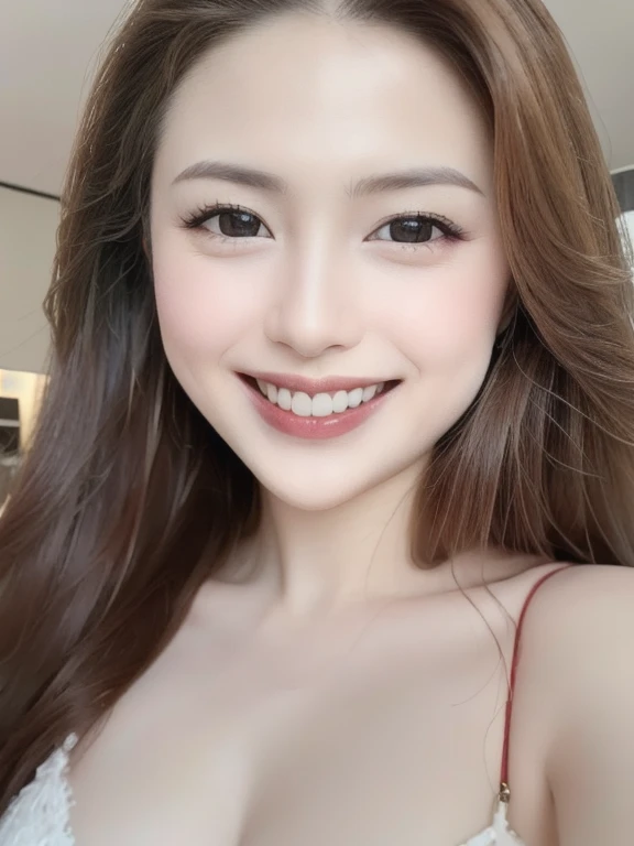 (realistic、masterpiece、Best Quality、8K、highres、high resolution:1.3)、1 girl、Huge breasts、smile, white bikini、smile, pale white skin、looking at viewers、super fine face and eyes、long hair、indoor、 upper body、