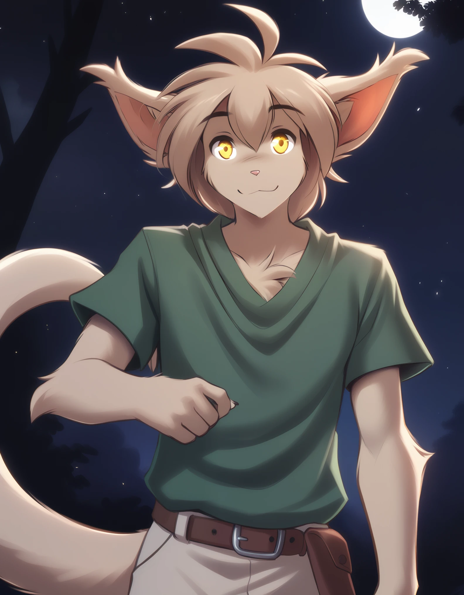 solo, tkkeith, basitin, mammal, pantherine, keith_keiser, keith_twokinds, twokinds, male, personalami, rating:safe, anthro, arm_tuft, forest, night, stars, moon, hair, yellow eyes, hair ,tail, green shirt