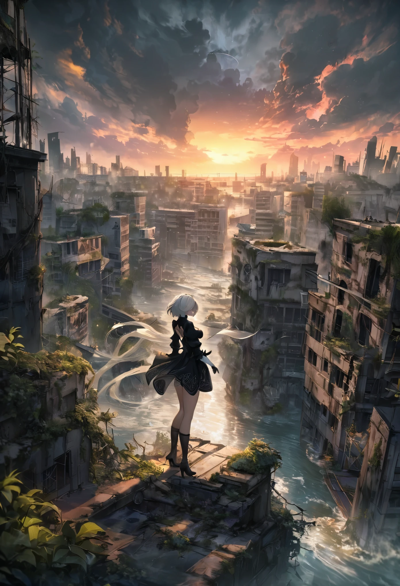 1girl,2b \(nier:automata\), nier \(series\), at rooftop, looking at destroyed city near sea,  ,(best quality,4k,8k,highres,masterpiece:1.2),scenic view,desolate atmosphere,dramatic lighting,ruined buildings,reflection of the sun on the water,gloomy sky,colorful sunset,mourning post-apocalyptic world,endless horizon,deep emotions,sigh of longing,feeling of isolation,wind blowing through her hair,faded memories,fierce determination,fallen petals floating in the air,striking contrast between the serene sea and the destroyed city,hauntingly beautiful tableau,haunted by the echoes of a forgotten era,the remnants of a once thriving metropolis,overgrown vegetation crawling on the buildings,surreal and dreamlike atmosphere