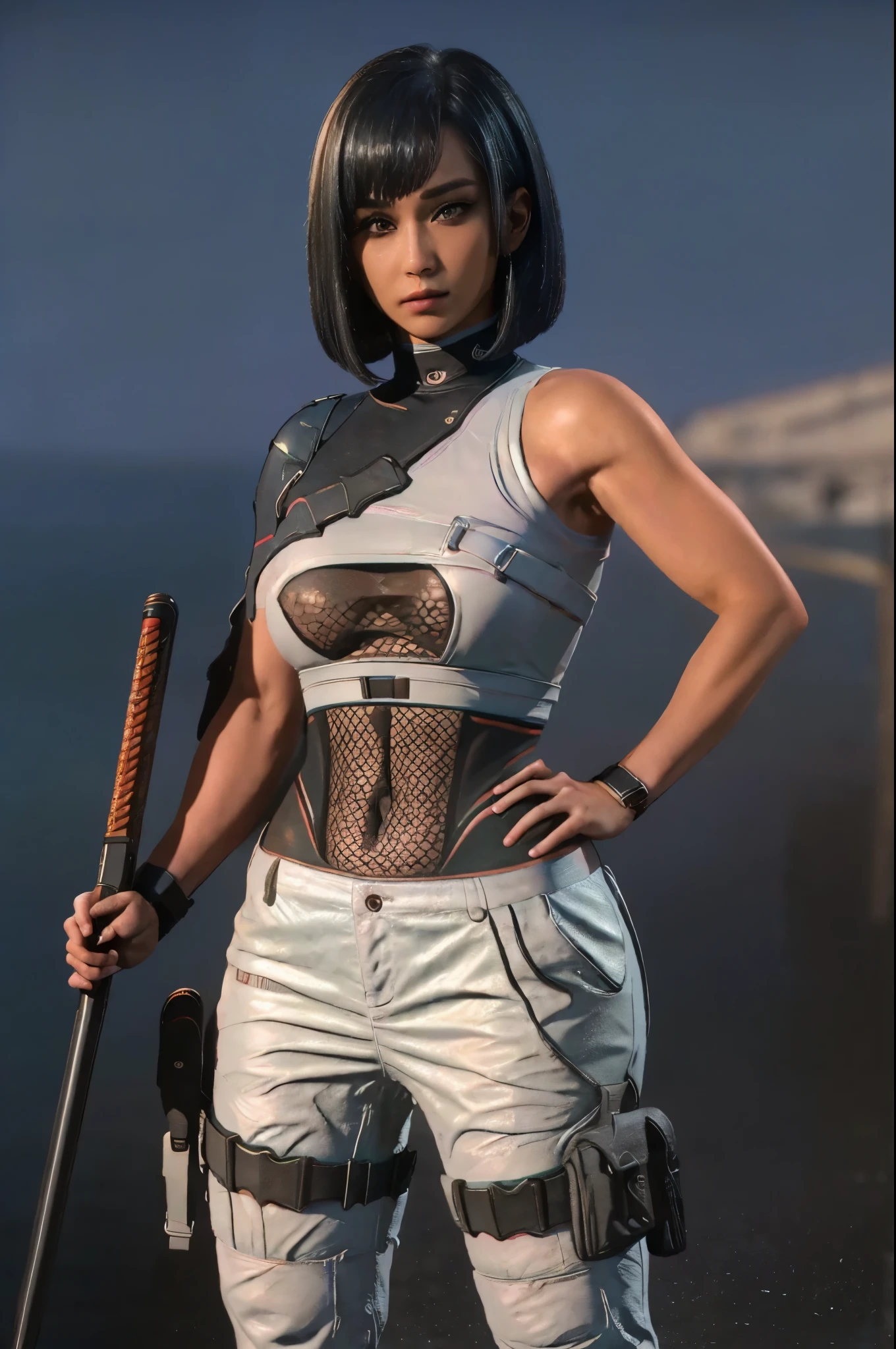 (full body portrait, 1 girl, looking at viewer, highly detailed, anatomy correct:1.4), white pants, black boots, tactical gear, bob haircut, black hair, american features, Sharp focus, katana on back, short sleeve, Caucasian, sexy pose, ((Best quality, masterpiece, Very beautiful woman)), Depth-of-field, Multi-layered textures, HDR (High Dynamic Range), Ray Tracing, NVIDIA RTX, Unreal 5, Subsurface scattering, PBR Texturing, Post-processing, Anisotropic Filtering, Maximum clarity and sharpness, Wide aperture, Low ISO, White balance, Rule of thirds, 8K RAW, (extremely slutty), (Highly realistic skin), sharp image, (extremely high quality artwork),