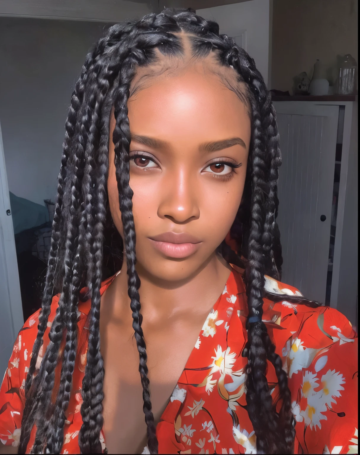 um close de uma mulher com longos cabelos pretos vestindo uma camisa vermelha, box Braids, black hair in Braids, long black Braids, long Braids, long braided hair on top of head, Braids, Braids in hair, long black braided hair, long black braided hair, com Braids, twisted Braids, Braids, olhos claros