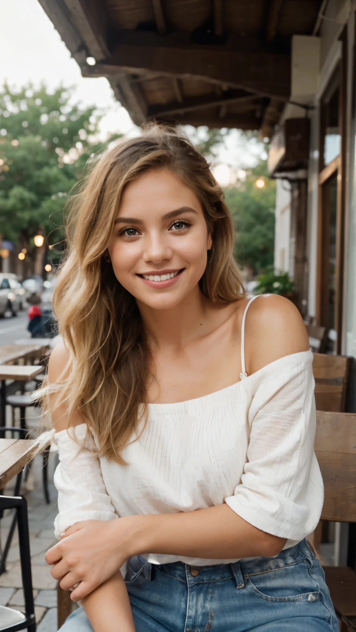 Generate an image of SophiaAI with shoulder-length wavy blonde hair, smiling naturally (smile:1.2), during golden hour. She's wearing a casual chic, off-shoulder white top and high-waisted jeans, seated at an outdoor café with rustic charm. The lighting is warm, highlighting her features softly. The background is a blurred cityscape, creating a depth of field effect. She's looking slightly away from the camera, capturing a candid, relaxed moment. The image has a soft, vintage filter for a timeless feel.
