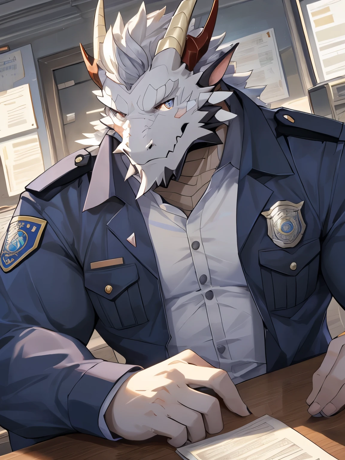 White dragon man:1.3, alone, vertical pupil,Eye, (elongated), Slim, (Eye anthro dragon):1.3, (The body has silvery white scales:1.4), white belly, Silver scales all over body , 细致的Eye, ((human portrait)), , (细致的Eye, 蓝Eye, 明亮的Eye):1.3, Digital art, masterpiece, anime style，(chinese dragon horn,white):1.5, thick eyebrows，elder dragon:1.4,dragon feelers:1.3,police uniform:1.4, white beard:1.3，Located in the police station&#39;s office：1.4,Support your head with your hands on the table and look sideways at the camera:1.3,lazy expression：1.3，Half on the table:1.1