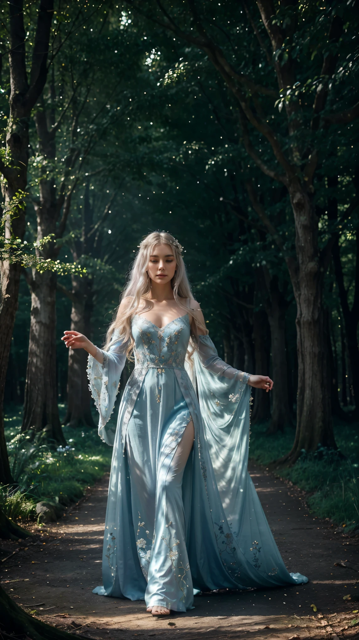 Visualize SophiaAI as a fantasy character in an enchanted forest. She has long, flowing hair that transitions from golden blonde at the roots to silver at the tips, and her eyes are a striking shade of lavender. Sophia is wearing a delicate, flowing dress made of ethereal fabrics in shades of blue and silver, with intricate floral embroidery. She is standing in a clearing, surrounded by ancient, towering trees with luminous flowers and soft, magical orbs of light floating around her. A gentle mist blankets the ground, and a mystical creature, resembling a small dragon with iridescent scales, perches on her outstretched arm. The atmosphere is serene and magical, with a soft, otherworldly glow illuminating the scene.