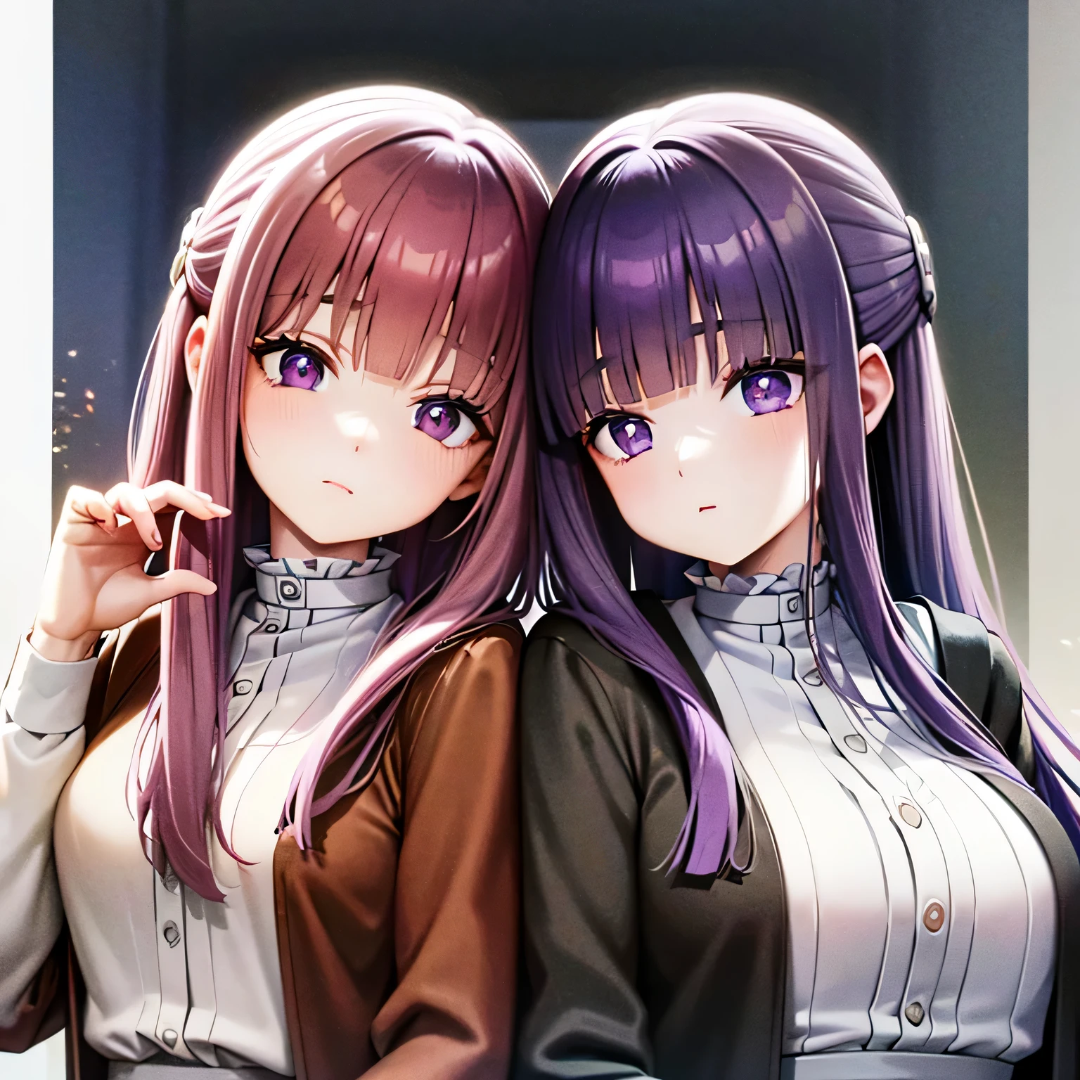 highest quality, masterpiece, High resolution, Character 1:
has long purple hair、He wears dark clothes with a white collar.。
The face is facing the other person、Because their noses are almost touching、shows intimacy。
Character 2:
has short brown hair、He is wearing a brown jacket over a black shirt（The shirt is tied in front with strings）。
Facing Character 1、I feel the intimacy。