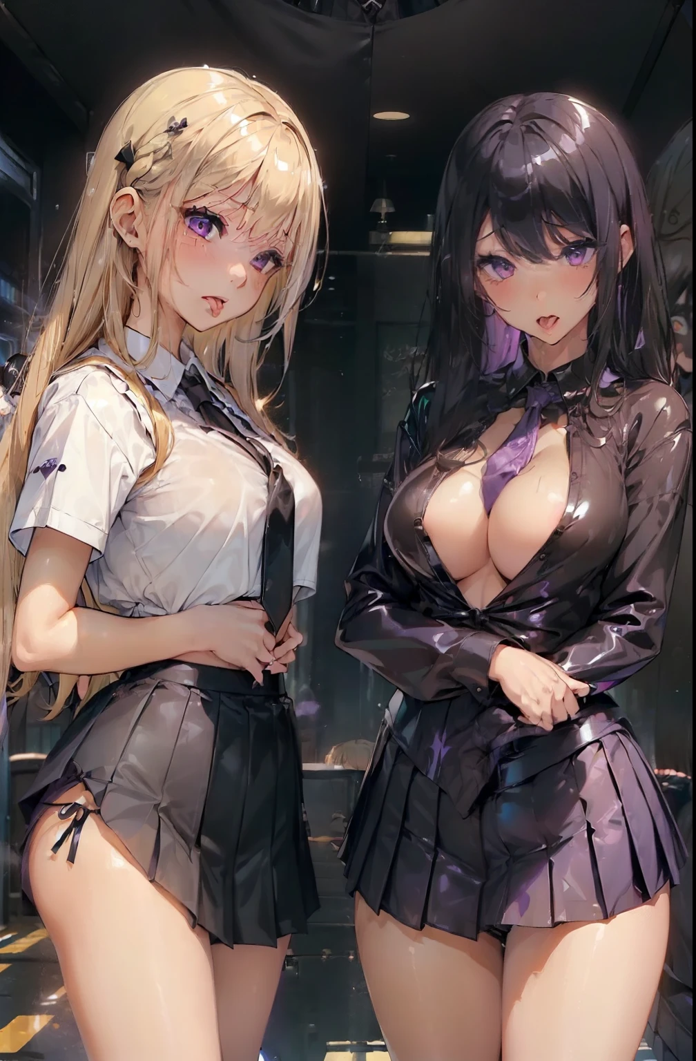 (3 girl:1.8)、standing with legs apart、 1 cute girl, highest quality、ウルトラ - High resolution、High resolution、Detailed CG、8k unit wallpaper、20-year-old、beautiful and detailed eyes,platinum blonde hair、random hairstyle、(((black and purple super shiny latex panties)))、((( black skin , Shirt with tie , cropped shirt , pleated skirt , cleavage ,oil skin)))、(shiny body,:1.5)、 please be shy、(Ahegao:1.5)、(Stick out your tongue and drool)、full of embarrassment、sexy pose、((vapor))