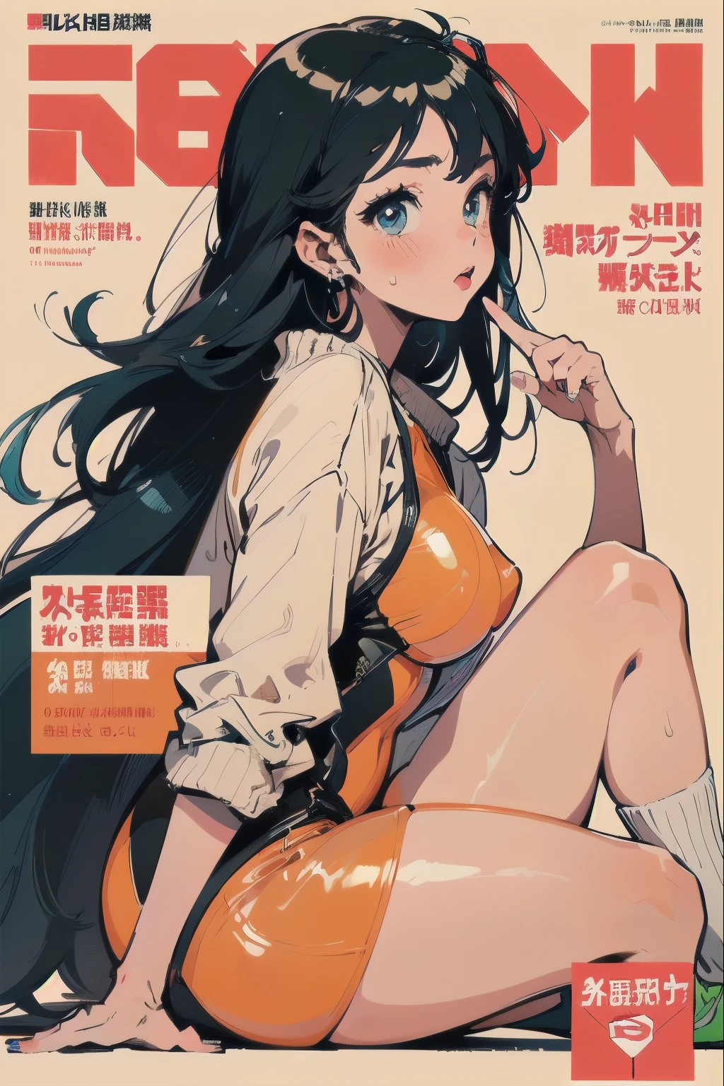 nsfw, beautiful anime-style girl, ,clean small surfaces,  (magazine cover:1.4),  ((From the side:1.5))、((close up of face)), (put your finger on your lips and stare)、(dynamic pose:1.3), Cute 1 girl, highest quality、ウルトラ - High resolution、High resolution、Highly detailed CG、8k unit wallpaper、、detailed and beautiful eyes, long hair、black hair、perm、(((Different types of colorful super shiny latex swimsuits)))、(((after sunburn)))、vtuber full body model、(shiny body,:1.5)、((various street fashion、oversized sweatshirts、socks、tech sneakers))、breast enhancement、blush, Sweat, please be shy、(Ahegao:1.5)、(stick out your tongue)、full of embarrassment