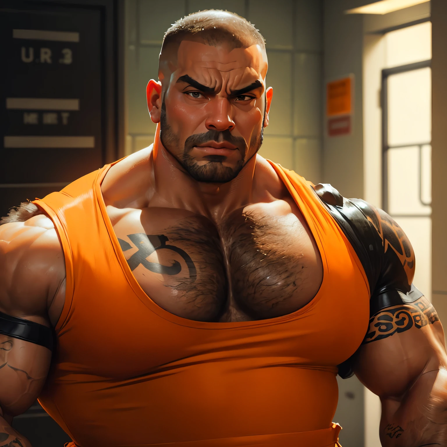 an exaggeratedly muscular and large bald bodyguard, beefy build, mixed race, arm tattoo, (wearing full orange prison jumpsuit: 1.2), (bara pecs: 1.3), (arm and chest hair: 1.1), close-up portrait HD, grungy prison hallways