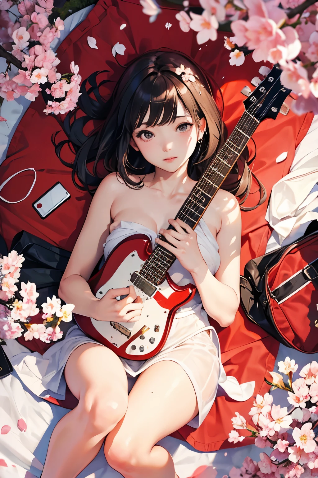 Ultra wide angle shot of petals gently falling and surrounded by cherry blossoms.: Pull the camera back from the object., Bird's-eye view, Naked woman playing guitar,bare chest,Bare penis,Bare between the legs.
