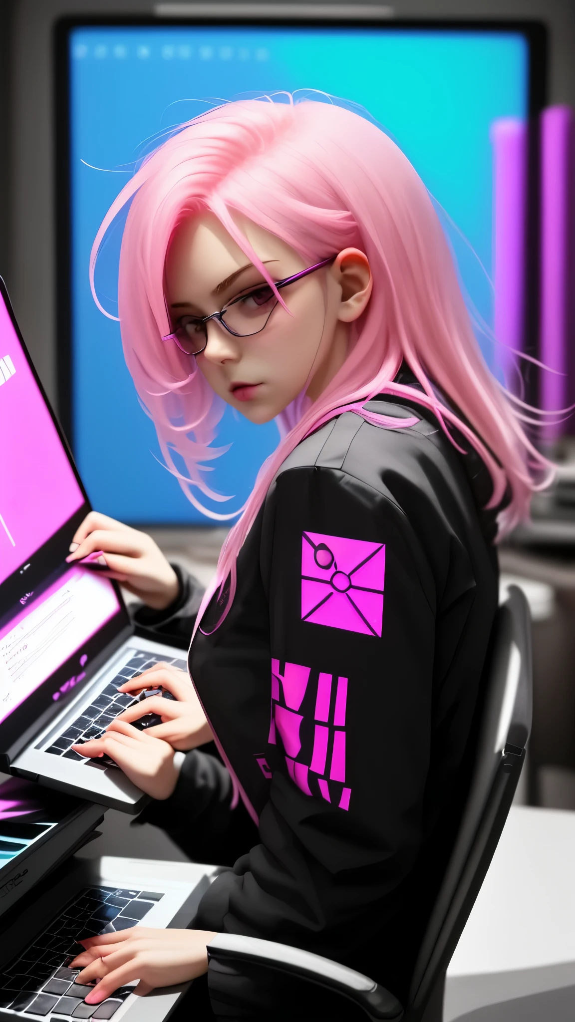 Create a colorful image of an female ethical hacker, seen from the front, working on the laptop in an anime style with pink colour hair