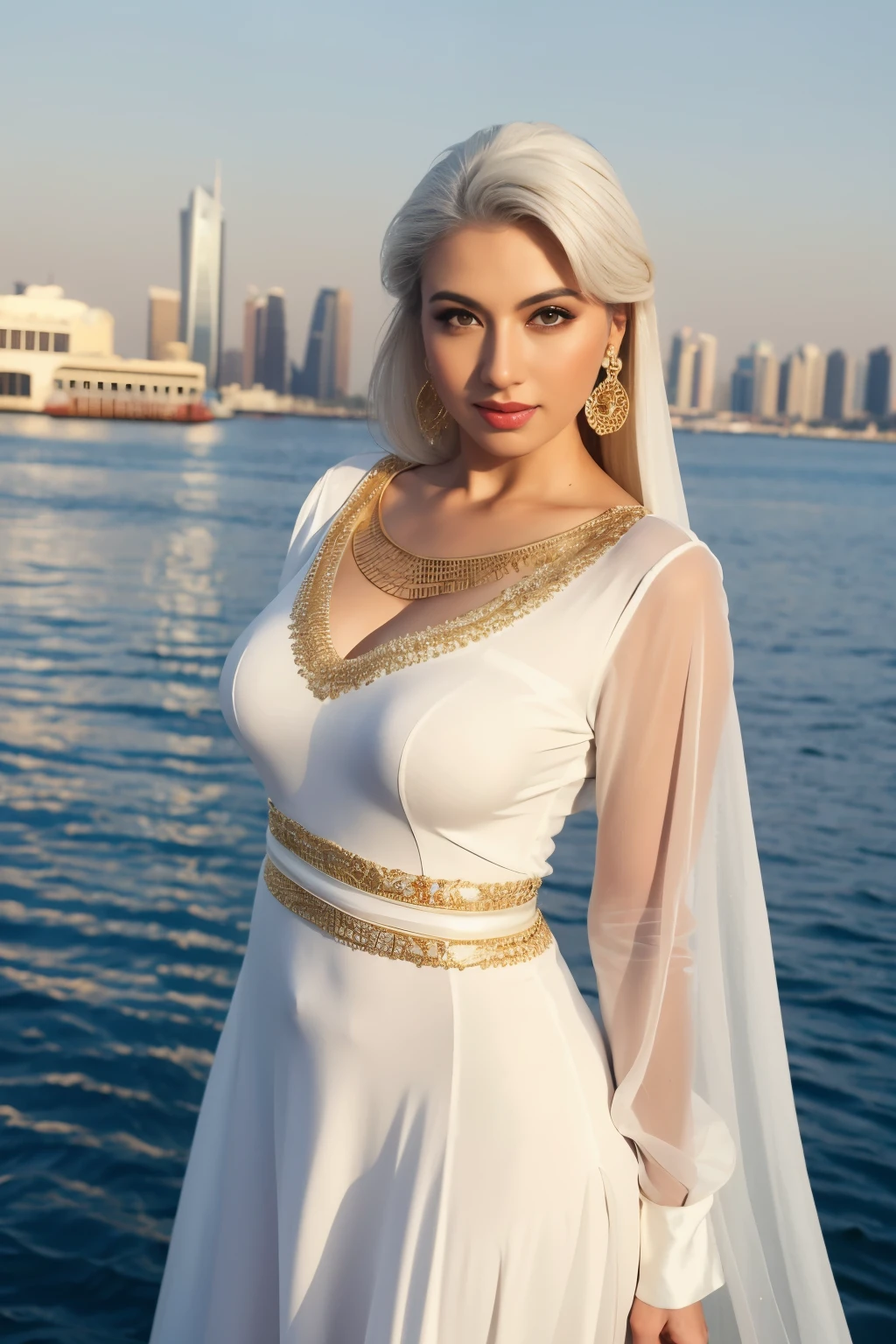 A beautiful woman with white hair walking on the street in a tight satin dress, the woman has beautiful body and face with a flirty look, the woman has a full figure with a bodycon style white silk dress, the woman is wearing golden earrings against a white color background with stunning scenery of the Dubai Marina in the background posing for the camera. The color theme is white and gold It must have high details and sharp focus.