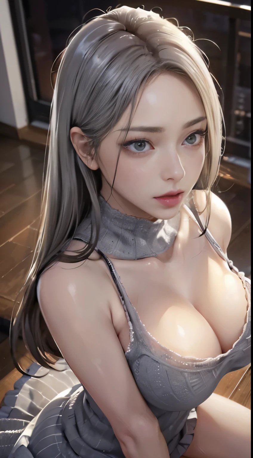 (8K, Raw photo, realistic:1.25), table top, highest quality, figure, Super detailed, delicate details, High resolution, 8k wallpaper, 完璧なダイナミックな構figure, detailed and beautiful eyes, natural lip, (Sexy gray knitted dress:1.3), (((huge breasts :1.2, and saggy breasts:1.1))), cleavage, perfect shiny skin, perfect skin, (((glossy white skin))), moist lips, innocent big eyes, fine eyes, walk, (From above:1.2), (Wearing a mask:1.2)