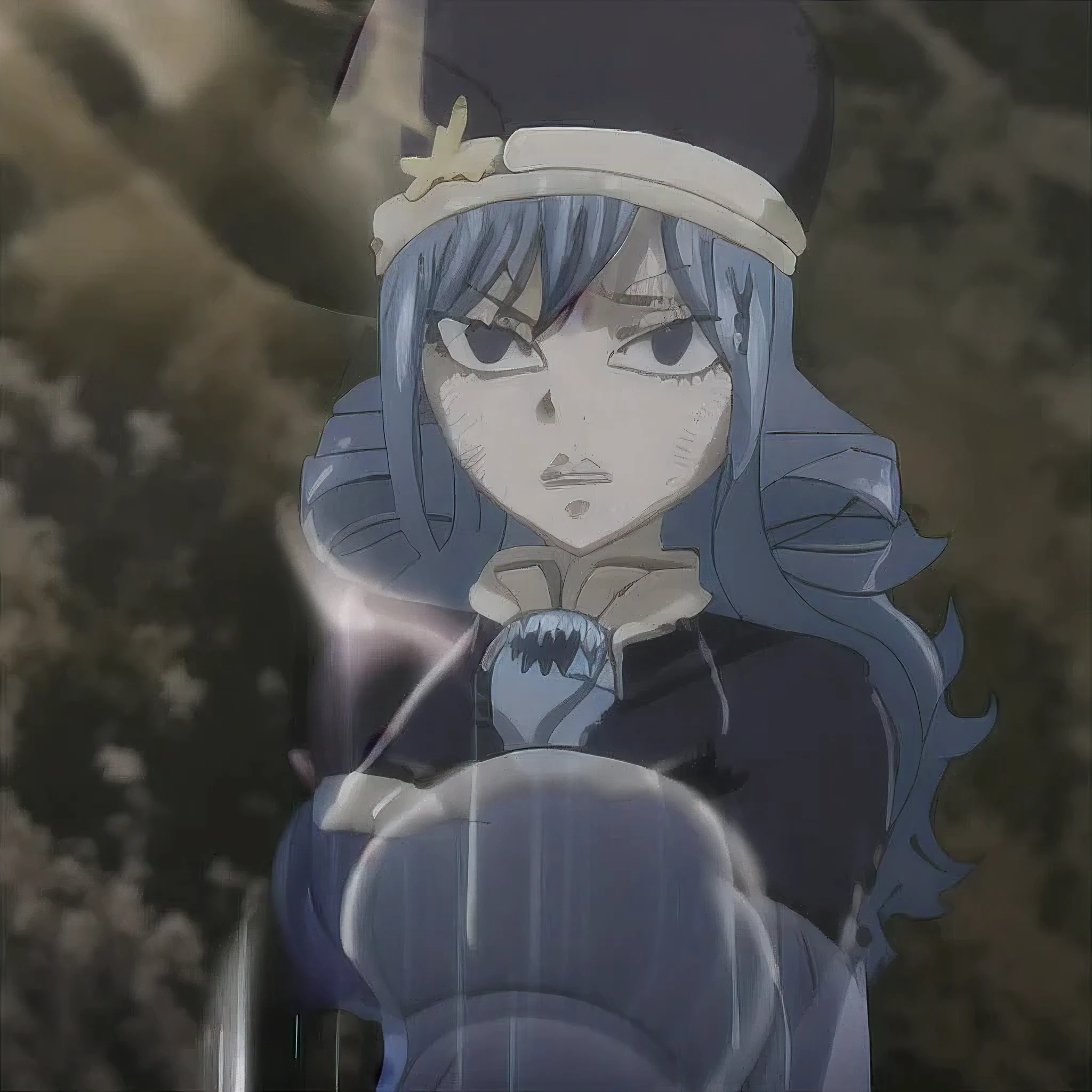 A closeup of a person with blue hair wearing a hat, garota de anime chamada Juvia Lockser como uma pessoa real, as an Personagem de anime, female Personagem de anime, melhor garota de anime, Personagem de anime, she has pale blue skin!!!, ela tem olhos brancos!!!, foto de perfil da tempestade de rimuru, best Personagem de anime design