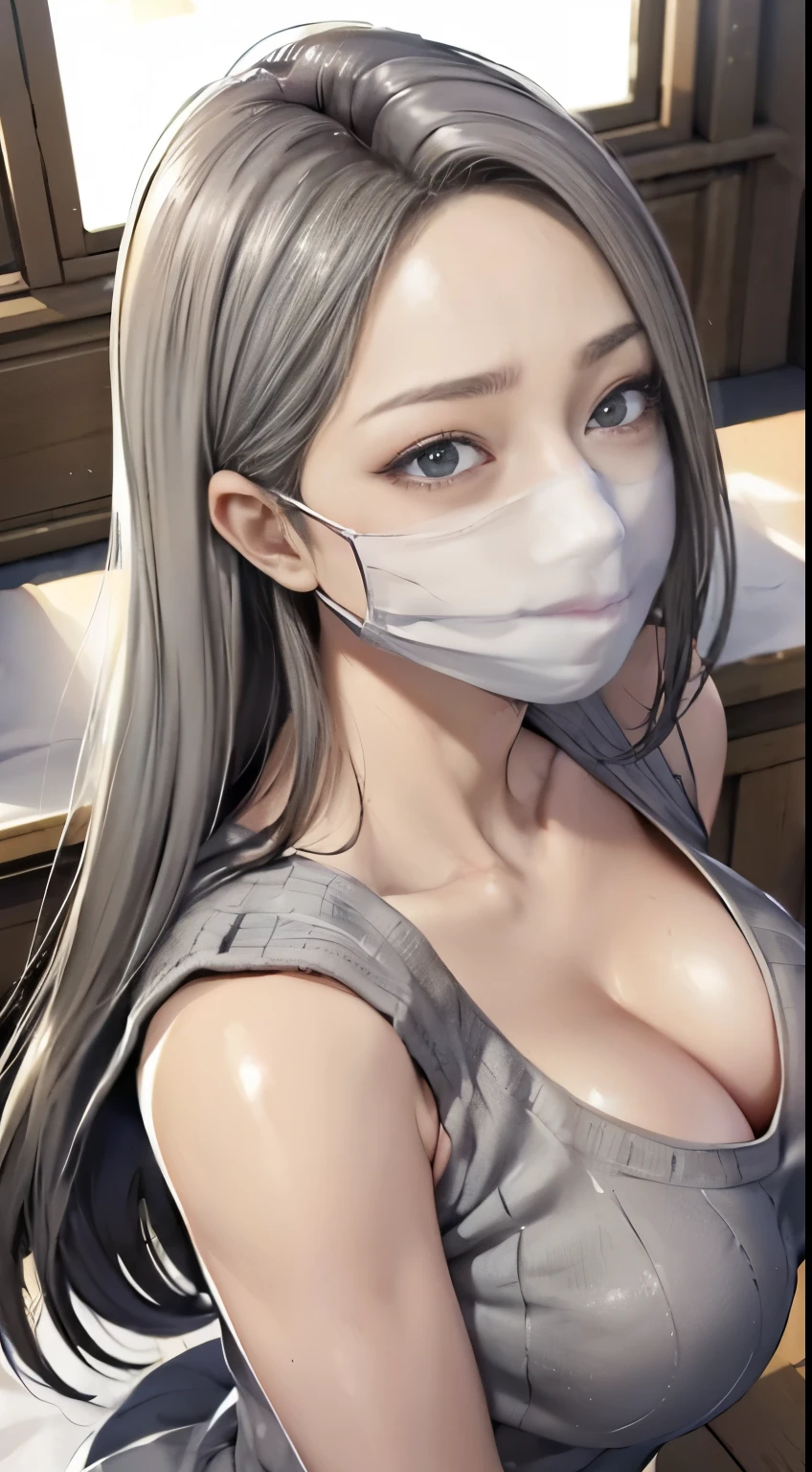 (8K, Raw photo, realistic:1.25), table top, highest quality, figure, Super detailed, delicate details, High resolution, 8k wallpaper, 完璧なダイナミックな構figure, detailed and beautiful eyes, natural lip, (Sexy gray knitted dress:1.3), (((huge breasts :1.2, and saggy breasts:1.1))), cleavage, perfect shiny skin, perfect skin, (((glossy white skin))), moist lips, innocent big eyes, fine eyes, walk, (From above:1.2), (Wearing a mask:1.2)