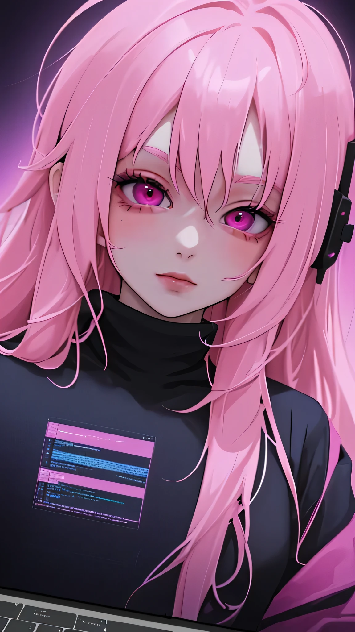 Create a colorful image of an female ethical hacker, seen from the front, working on the laptop in an anime style with pink colour hair