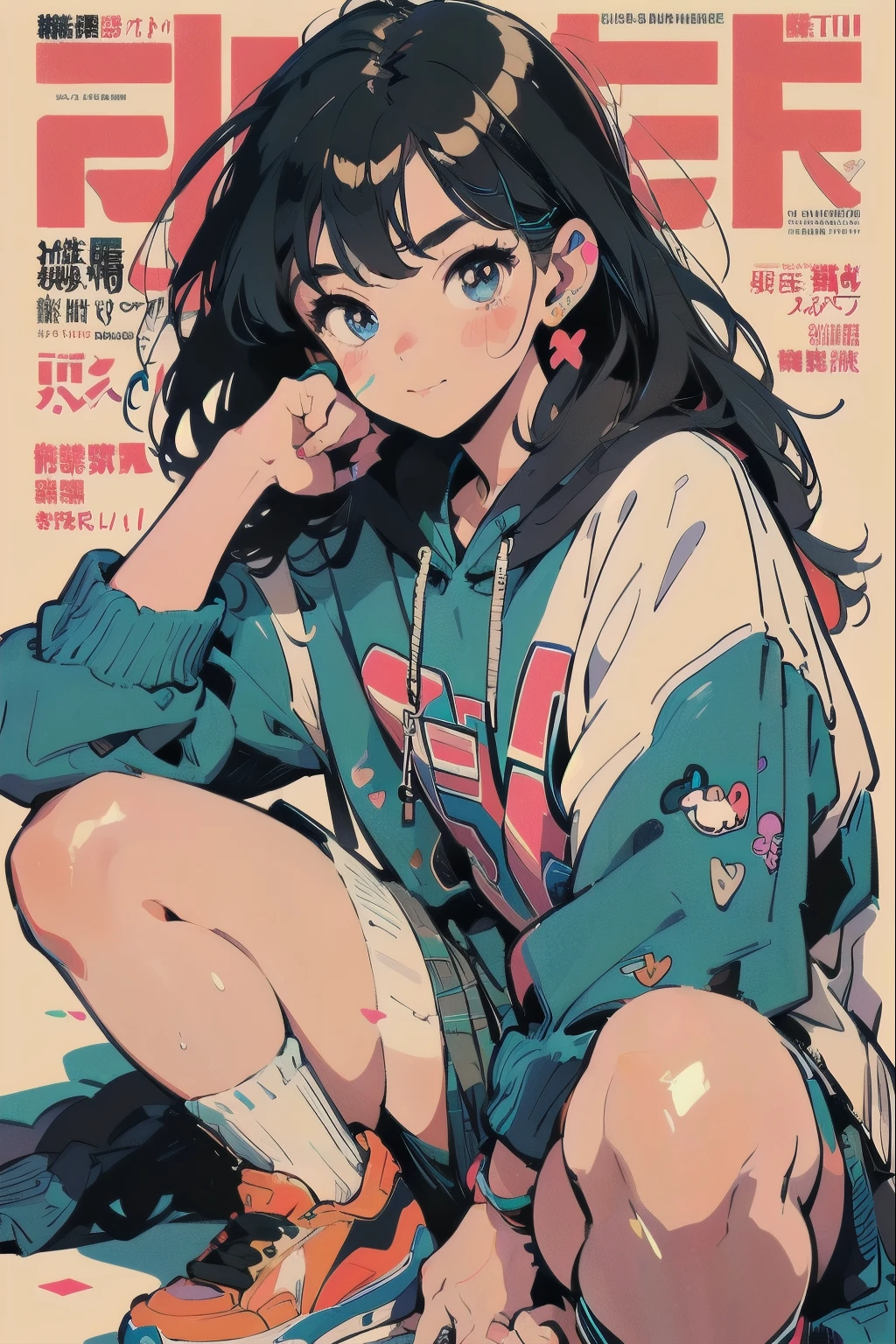 Beautiful Girls in Anime, ,clean small surfaces, (magazine cover:1.4), ((close up of face))、((Stare at me while I sleep)), (dynamic pose:1.3), (lots of stickers on clothes:1.5), 1 cute girl, highest quality、ウルトラ - High resolution、High resolution、Detailed CG、8k unit wallpaper、17 years old、fine and beautiful eyes, long hair、(((Different kinds of colorful super shiny sweatshirt hoodies)))、(((After sunburn)))、VTuber Full Body Model、(shiny body,:1.5)、((Mr.々street fashion、Oversized sweatshirt、socks、tech sneakers))、blush, Sweat, please be shy、(Ahegao:1.5)