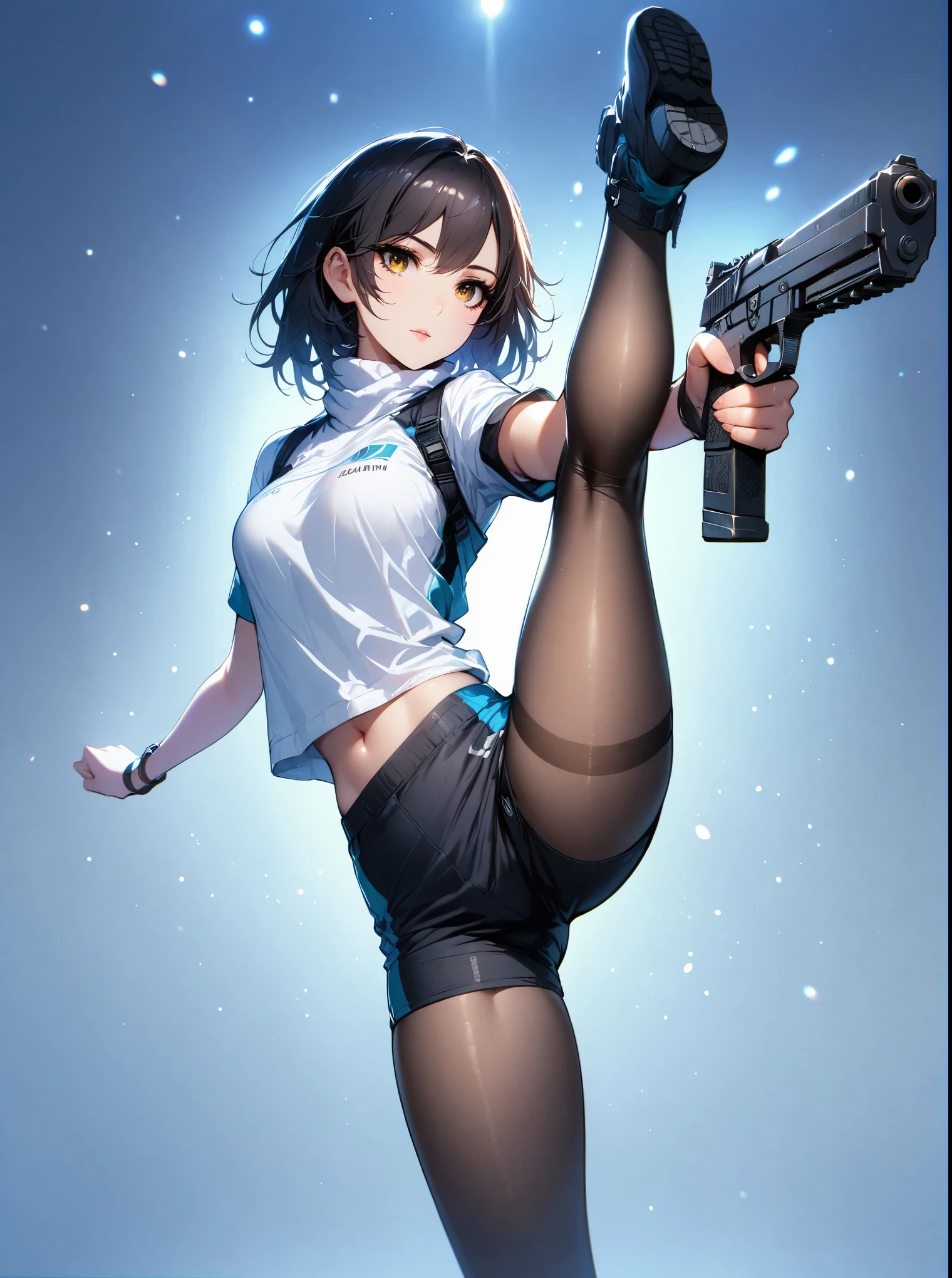 (best quality:1.2), 1 girl, standing_split, long black hair, white turtleneck sweater, sports Shorts, pantyhose, Beautiful and delicate eyes, Beautiful and delicate lips, Extremely detailed eyes and face, long eyelashes, bright colors, professional, Super detailed, actual, studio lighting, Physically based rendering,holding gun with both hands,Aim at you