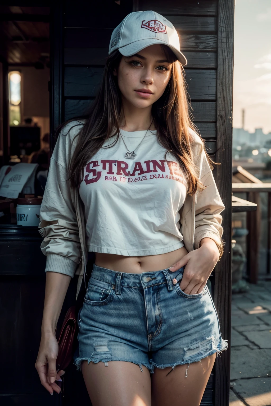 1 woman, 17yo,realistic photo, raw, close-up portrait:1.5, she's walking in Paris, travertine, outside, sun has just set, orange red sky, backlit (hot-springs steam:1.1) , (she's wearing tshirt, a colorful hand-made jacket, jean shorts and fuzzy warm boots),(she has worn baseball trucker hat:1.2) on, hat has sunflower patch on front, hat is pulled down to her eyes, (relaxed intimate photoshoot), blonde hair, beautiful face, joyful woman, slight smile, she's happy here, perfect dusk, cozy relaxed, looking into the camera, beautiful hands, kind eyes, (exterior is beautiful landscape:1.6), gorgeous extraordinary natural sunset lighting:1.4, sunset colors, incredible details, ((high contrast)), (deep, darkest shadows), (shadow details:1.0), ((taken using Leica camera, aperture: f/2.3)) , hyper-realistic skin, pores and freckles, (she has dark hair, long and messy), healthy sun-kissed skin, blushing, her arms relaxed, blankets around her, relaxed moment, she's in dark with natural light glow, (romantic light:1.2), radiant skin, perfectly framed face, perfect relaxed hands, perfect fingers, (perfect portrait, incredible eyes:1.1), a work of art, beautiful composition, golden ratio, playful joy, inspiring, (highest quality fabric texture), every detail,Fine facial features – (Highest Quality) ,Leica camera film, High quality ○○ detailed – ○○ details ultra detailed(Ultra-fine ), Photorealistic, Extremely detailed(Extremely detailed) , (highest detail image, lens flare, realistic)○○ res – ○○ resolution ultra high res(A high resolution),playfully sexy and relaxed photos