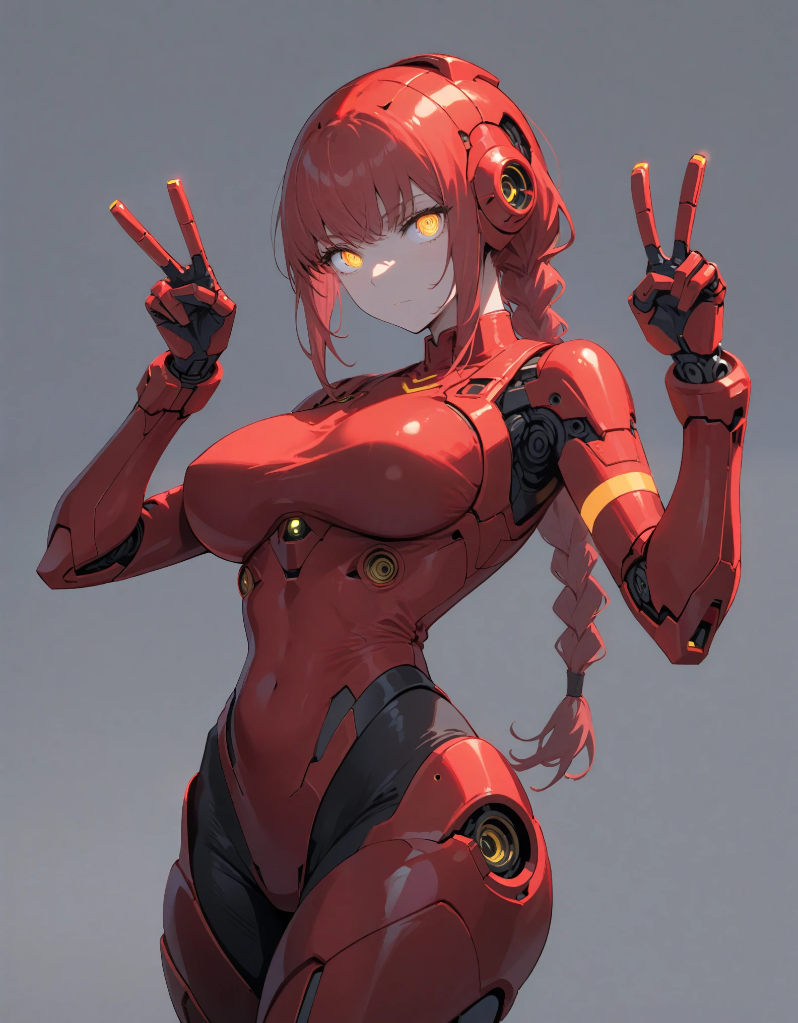 best quality, absurdres, (ultra high res), makima_\(chainsaw_man\), braided ponytail, ringed eyes, red hair, detailed yellow eyes, (glowing eyes:1.1), wide hips, narrow waist, covered nipples, (double v sign), peace sign, (robot feet, joint feet), octane render, large breasts, mechanical bodysuit, red cyber helmet, red suit, orange helmet, neon light, (Masterpiece), (cinematic lighting), (simple gray background), ((fullbody view))