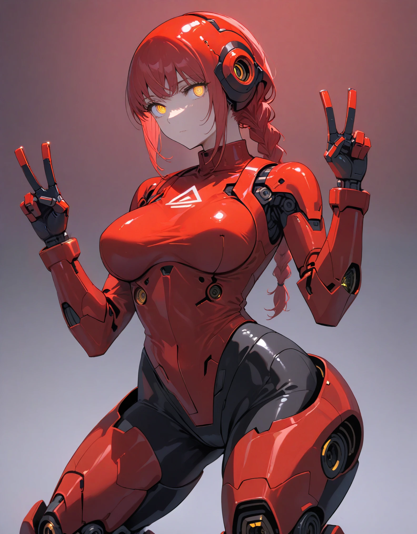 best quality, absurdres, (ultra high res), makima_\(chainsaw_man\), braided ponytail, ringed eyes, red hair, detailed yellow eyes, (glowing eyes:1.1), wide hips, narrow waist, covered nipples, (double v sign), peace sign, (robot feet, joint feet), octane render, large breasts, mechanical bodysuit, red cyber helmet, red suit, orange helmet, neon light, (Masterpiece), (cinematic lighting), (simple gray background), ((fullbody view))