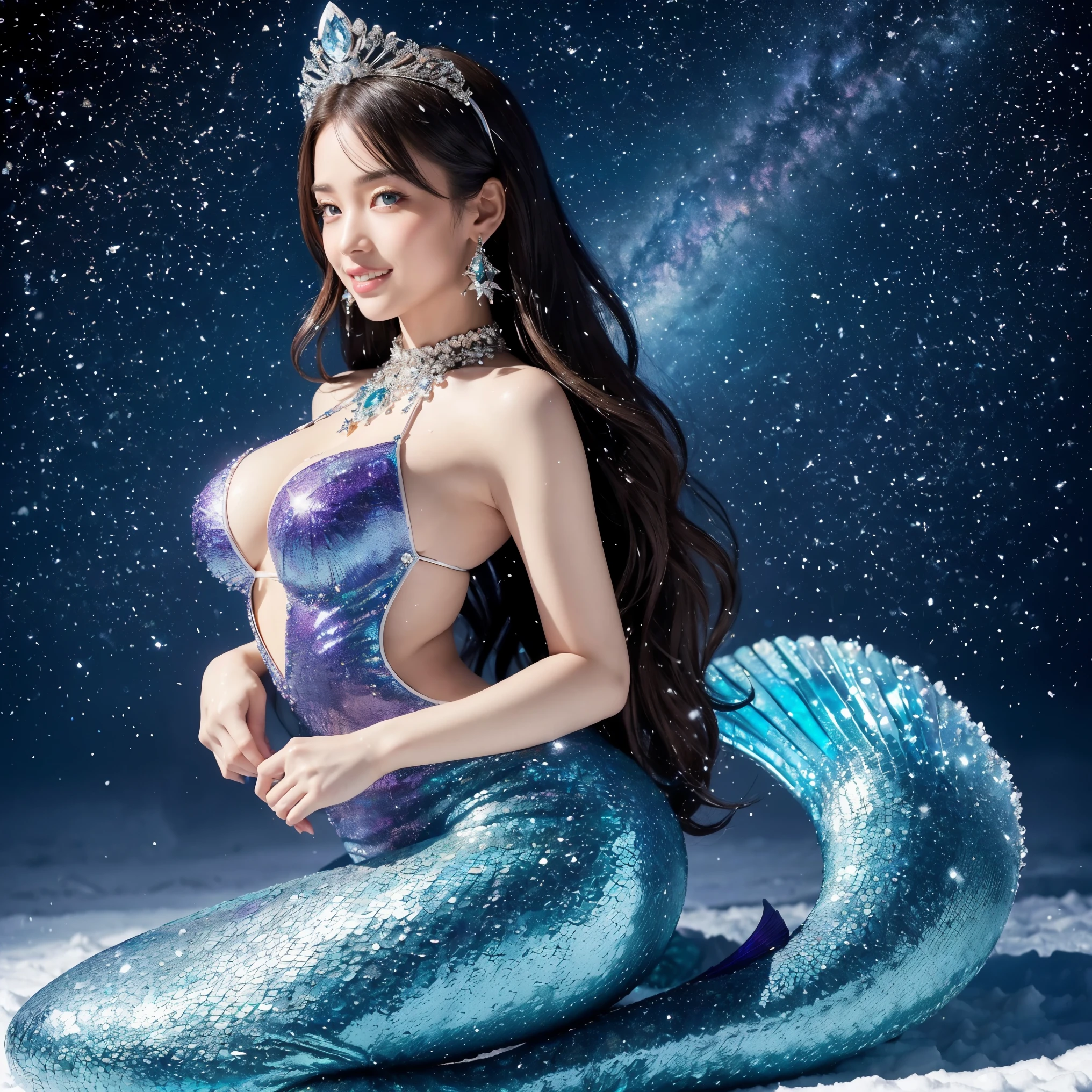 (highest quality、masterpiece、8K、best image quality、Award-winning work)、(gorgeous mermaid goddess:1.1)、(The most gorgeous and beautiful perfect mermaid princess:1.2)、(snow forestの中にある美しい池の中で泳ぐ人魚姫:1.3)、(The most luxurious transparent sleeve with the finest jewelery decoration:1.1)、The most luxurious and finest goddess sleeves、(The most luxurious and highest quality giant tiara:1.1)、(The most luxurious and highest quality giant necklace:1.1)、(The most realistic texture of mermaid scales:1.2)、The perfect mermaid tail、Accurate mermaid tail、the most luxurious decoration、large amount of intricate gemstones、beautiful brown hair、Highly detailed and intricate iridescent scales,、(The most beautiful gradation of blue and purple scales:1.1)、(Complex gradation of blue and purple scales:1.1)、The most complex and detailed scale、The most realistic and complex scale、(Rainbow glowing scales:1.1)、slender and big breasts、the best smile looking at me、(雄大で美しいsnow forestの中:1.1)、skin as white as snow、glowing skin、elegant decoration、Diamond decoration、artistic decoration、dress with lots of jewels、Luxury beyond imagination、世界でthe most luxurious decoration、shining snow、Shining blizzard、Fantastic snowscape、Snow like a jewel、Diamond dust、The most realistic and complex background、Highly detailed and realistic background、(pure white skin:1.1)、Pure white makeup、(accurate anatomy:1.1)、キラキラと微細にshining snow、epic movie lighting、the most delicate sparkle of snow、tree covered with snow々、beautiful tree covered in snow々、(beautiful purple starry sky:1.1)、(fantastic starry sky:1.1)、(A starry sky and a beautiful pond on the snowy mountains:1.1)、that&#39;It&#39;s snowing、snow forest、(Mermaid swimming in a beautiful clear pond in the forest:1.3)、(snow forestの中の美しく輝く池の中にいる人魚:1.2)、(the most romantic:1.1)、blurred background、portrait photography