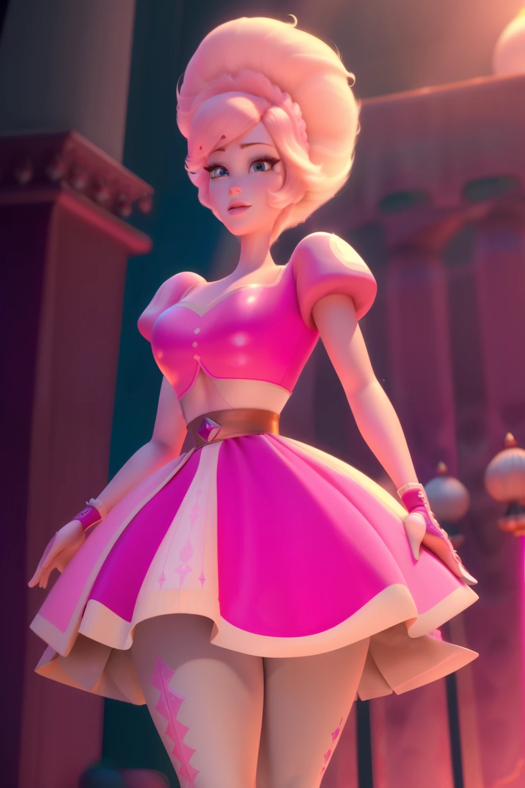pnkdamond, pink hair, pink eyes, big hair, stomach gem, pink skin, toned,
puffy short sleeves, elbow gloves , white thighhighs, puffy dress,
standing, upper body,
outerspace,
(insanely detailed, beautiful detailed face,beautiful detailed eyes, masterpiece, best quality) cinematic lighting, smile,