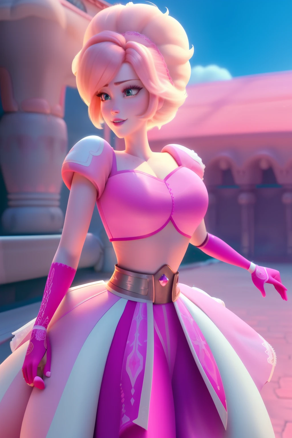 pnkdamond, pink hair, pink eyes,  big hair,  stomach gem,  pink skin,  toned, 
puffy short sleeves, elbow gloves ,  white thighhighs,   puffy dress, 
standing, upper body, 
 outerspace,  
(insanely detailed, beautiful detailed face,beautiful detailed eyes, masterpiece, best quality) cinematic lighting,  smile, 
 