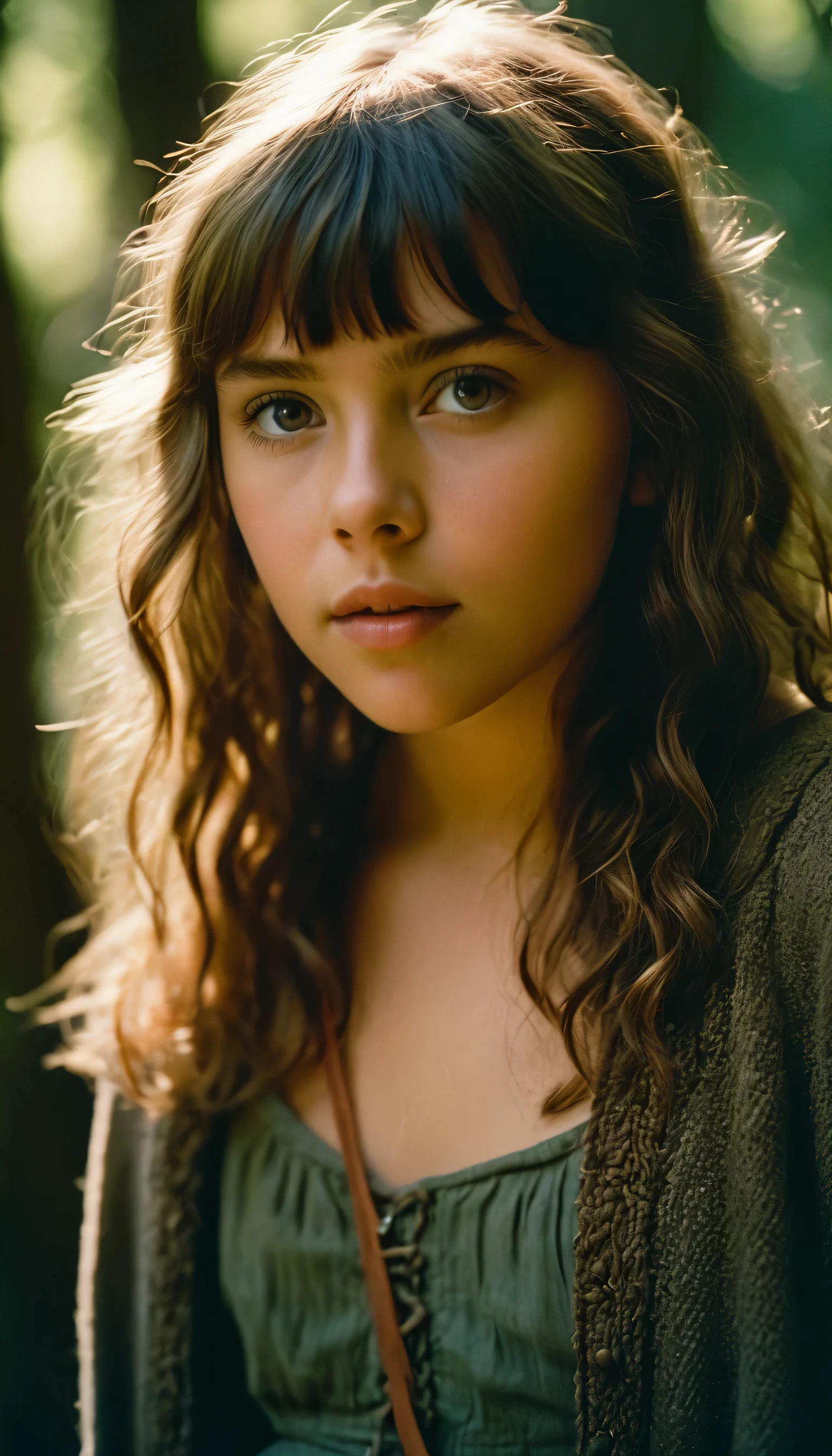 A teenage girl with short curly brown hair and bright blue eyes and pale skin in a bright forest wearing green clothes 